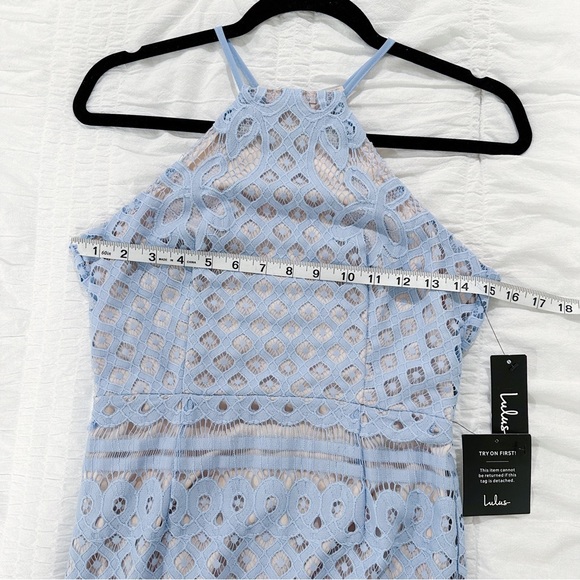 Lulus Steal a Kiss Light Blue Lace Dress Open Back Halter Mini Sheath Size Small - Picture 3 of 11
